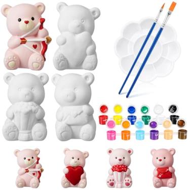 Imagem de Soulchen 9 peças de pintura de urso de cerâmica para pintar seu próprio conjunto de artesanato inclui 4 ursos de cerâmica sem pintura, 2 tiras de tintas com 2 pincéis, 1 paleta de brinquedos de