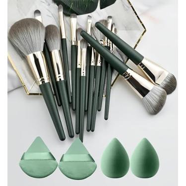 Imagem de Conjunto de pincéis de maquiagem e ferramentas de beleza (verde) – Coleção de 18 peças com 14 pincéis macios, 2 esponjas de maquiagem e 2 puffs de pó para maquiagem diária de rosto inteiro