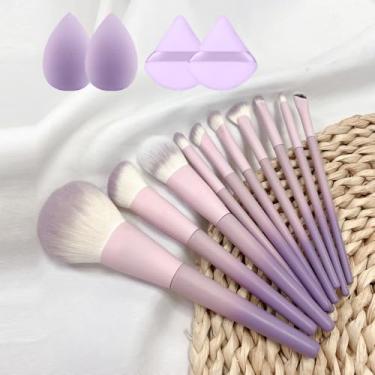 Imagem de Conjunto de pincéis de maquiagem e ferramentas de beleza (roxo) – Coleção de 14 peças com 10 pincéis macios, 2 esponjas de maquiagem e 2 esponjas de pó para maquiagem diária de rosto inteiro
