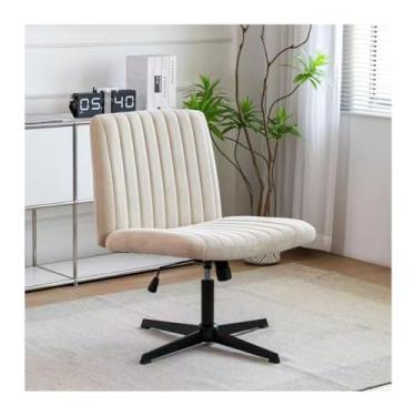 Imagem de HGTRH Cadeira de escritório sem braços sem rodas, cadeira de mesa giratória com pernas cruzadas com função de inclinação, base de aço fixa de algodão e linho, assento largo e encosto médio para quarto