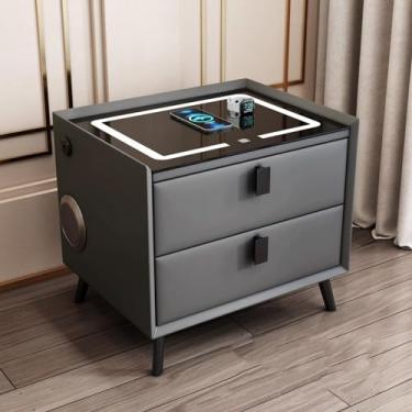 Imagem de Yadlan Mesa de cabeceira inteligente com carregamento sem fio, mesinhas de cabeceira com gavetas de madeira maciça, 2 gavetas mesa de cabeceira para quarto com Bluetooth e luz LED sensível ao toque, 2