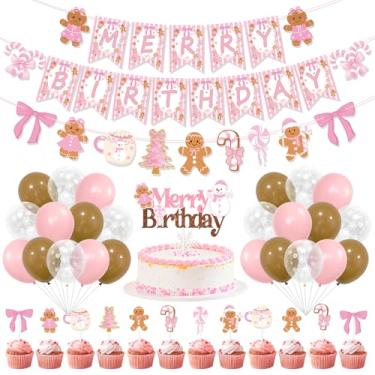 Imagem de K KUMEED Decoração de festa temática de homem de gengibre de Natal rosa, linda caneca de cacau quente, faixa de feliz aniversário, topo de bolo de doces, balões de látex para Natal, aniversário