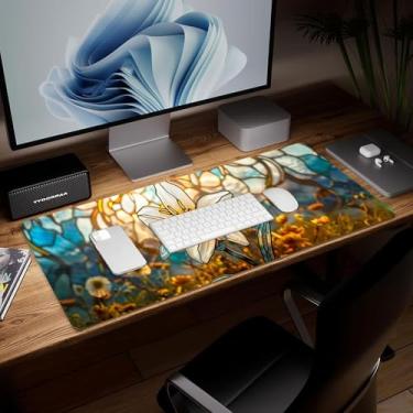 Imagem de Tapete de mesa de flor de couro, mouse pad de arte colorida grande teclado de computador mousepad para jogos à prova d'água protetor e capa de mesa, tapete de mouse decorativo de couro PU para laptop