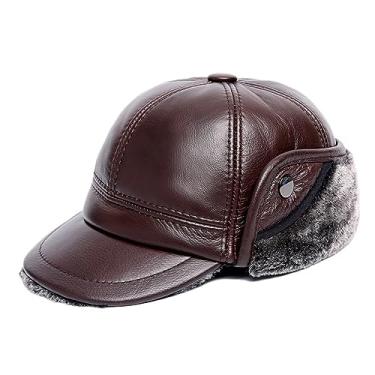 Imagem de Chapéu caçador de inverno com abas de orelha, boné de beisebol de couro, chapéu de piloto de aviador de caça de pele sintética, chapéu de esqui quente para homens e mulheres (marrom-2GG