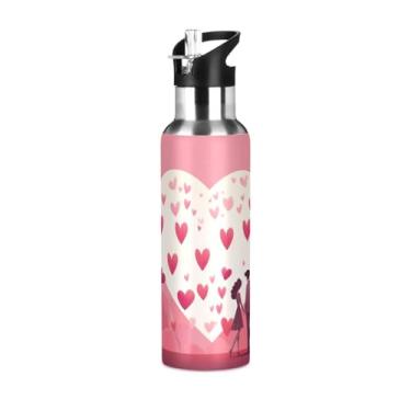 Imagem de Wassud Garrafa de água coração árvore casal (2) garrafa de água esportiva de aço inoxidável com canudo garrafas de água isoladas copo portátil de viagem 623 g