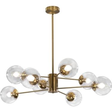 Imagem de Lustre Sputnik moderno com 8 lâmpadas e globos de vidro transparente, luminária pendente semi-embutida de latão estilo meados do século com 8 bolas de vidro para sala de estar e ilha de cozi