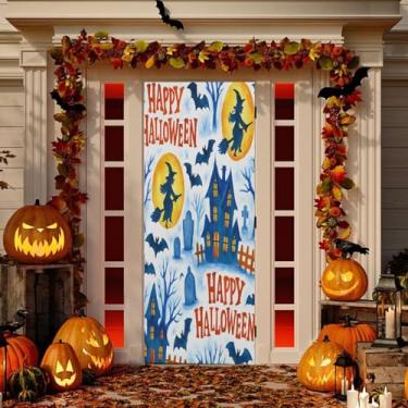 Imagem de Wassud Capa de porta com tema de Halloween peculiar para decoração externa interna faixa de varanda decoração de casa grande decoração de porta da frente 96 x 98 polegadas