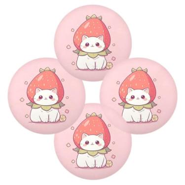 Imagem de Wassud Jogo americano conjunto de 4 tapetes de mesa redondos de gato com chapéu de morango para cozinha e jantar tapetes laváveis resistentes ao calor decoração de mesa 39 cm