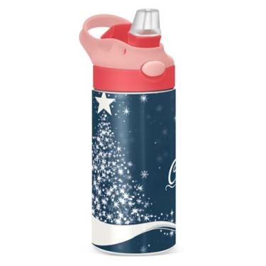 Imagem de YETTASBIN Garrafa de água de árvore de Natal para crianças, 340 g, à prova de vazamento, parede dupla, isolada, copo de viagem com tampa de canudo para meninas, meninos e crianças