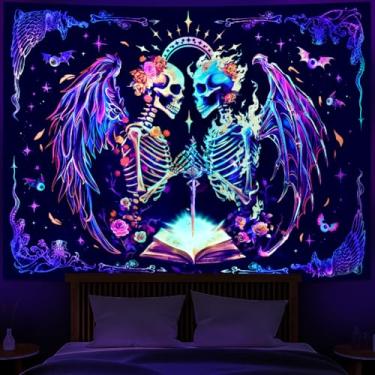 Imagem de Heopapin Tapeçaria de caveira tríplice luz negra UV reativo esqueleto gótico tapeçaria para pendurar na parede fantasia asa neon brilho no escuro pôster galáxia mágica espaço tapeçaria para quarto