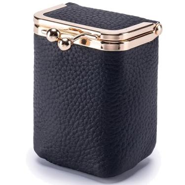 Imagem de Axcvveiyi Estojo de batom de couro genuíno com espelho, mini bolsa de cosméticos macia durável para mulheres, bolsa de higiene pessoal retrô Kiss Lock adequada para retoque diário, Preto, Vintage