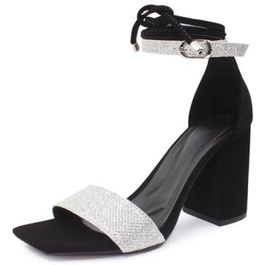 Imagem de Sandália Re&Ton Salto Bloco Grosso Brilho Feminina BL28 (Preto Prateado, BR, Adulto, Numérico, 40)