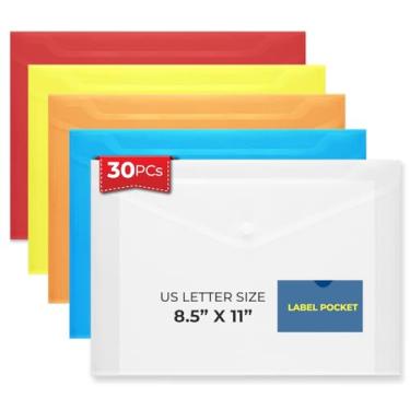 Imagem de Envelopes de plástico tamanho A4 30 peças com bolso para etiqueta e fecho de pressão - FLEXOFFICE - cores sortidas, pasta de arquivos de documentos com bolso para organização de escritório e trabalho