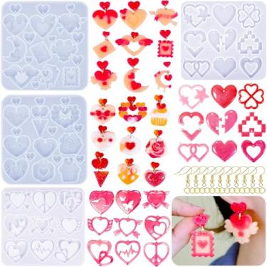 Imagem de Pacote com 4 moldes de resina para o dia dos namorados, brincos de resina em forma de coração, moldes de silicone para fundição epóxi, moldes de resina UV com 200 ganchos de brincos, kit para