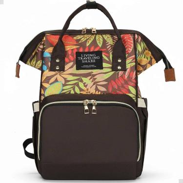 Imagem de Mochila Maternidade Cor Marrom Floral Grande Mamãe Bebê