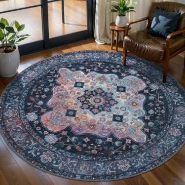 Imagem de Tangsoo Tapete redondo vintage, tapete circular lavável de 1,2 m, antiderrapante, pequeno, boho, tapetes circulares de pelo baixo, tapete redondo para quarto, entrada, berçário, dormitório, cozinha