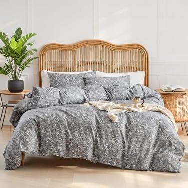 Imagem de REYOS Conjunto de edredom floral ultramacio de 3 peças, 168 x 239 cm, quente, leve, com 2 fronhas, cinza, botânico, para presente para meninas, homens, solteiro GG