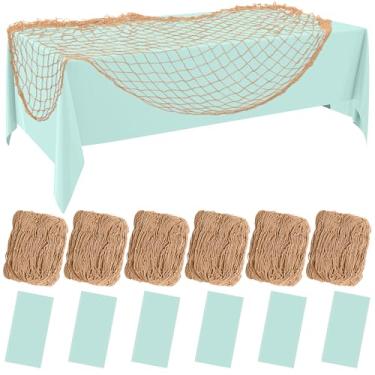 Imagem de Oudain Conjunto de 12 peças de toalha de mesa com rede de peixe, decorações de rede de algodão, retangular, toalha de mesa de plástico, toalha de mesa de pesca para festa de aniversário de pirata