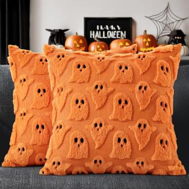 Imagem de MIULEE Capas de travesseiro de Halloween fantasma fofo conjunto de 2 fronhas decorativas de pelúcia macia de pele sintética outono para sofá, cama, varanda, sala de estar, decoração de outono, 45,7 x