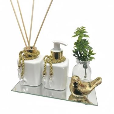 Imagem de Kit Lavabo Completo Frasco Pet 200ml Aromatizador e Saboneteira Com Bandeja Vaso Planta e Passarinho(Branco c/Dourado)