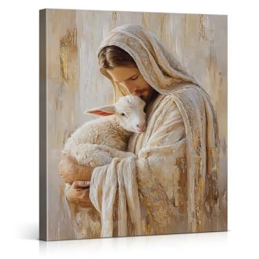 Imagem de Impressão de arte de parede de Jesus Cristão Bom Pastor Vintage Jesus Ovelha Pintura em Tela Arte Religiosa Decoração de Parede para Casa Igreja Fazenda 20 x 25 Moldura