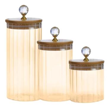 Imagem de Kit de potes Herméticos de vidro Canelado Âmbar Cristal com tampa de Bambu (KIT DE 3 POTES PMG)
