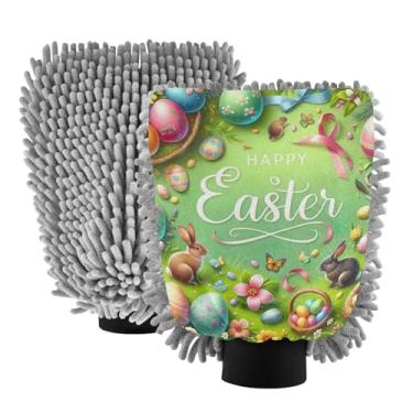 Imagem de ODAWA Pacote com 2 luvas de lavagem de carro Happy Eask, luva dupla face de espuma de chenille canhão para lavagem de carro 18 cm x 26 cm