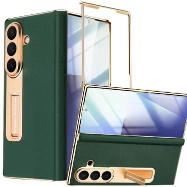 Imagem de YQODSZ Capa para Samsung Galaxy Z Fold 7 com suporte, capa de couro genuíno para celular com dobradiça magnética de vidro protetor de tela frontal cobertura total à prova de choque slim fit capa de