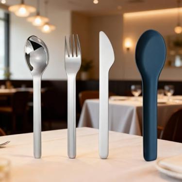 Imagem de Conjunto de utensílios de bolso, carvão – garfo, faca e colher de aço inoxidável em estojo higiênico – Design portátil para viagens,