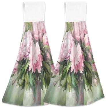 Imagem de TSENQUE Toalhas de mão de flores de peônia com buquê floral com laços para pendurar toalhas macias absorventes na ponta dos dedos do forno conjunto de 2, toalhas de casa e cozinha fofas personalizadas
