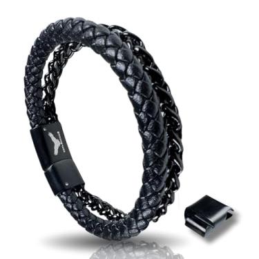 Imagem de RogueRaven Pulseira masculina de couro preto Premium I | Couro trançado genuíno: designs de corrente simples, dupla, empilhada e de aço inoxidável | Pulseira masculina de couro genuíno com fecho de