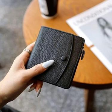 Imagem de Carteira feminina de couro genuíno com dobra dupla/tripla - Suporte minimalista para cartão de crédito com bloqueio de RFID e bolso para moedas, Preto, Casual