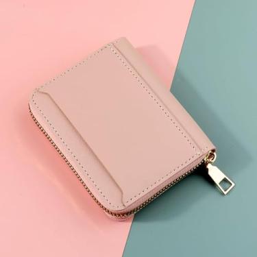 Imagem de Carteira feminina de couro genuíno com dobra dupla/tripla - Suporte minimalista para cartão de crédito com bloqueio de RFID e bolso para moedas, rosa, Casual
