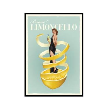 Imagem de Impressões em tela engraçadas italianas de comida e bebida – Pôster retrô de mulher em vidro com Limoncello Spaghetti Vino Pasta Cozinha Bar Decoração de parede (SKU1,40.6x61.0 cm = (40 x 60 cm