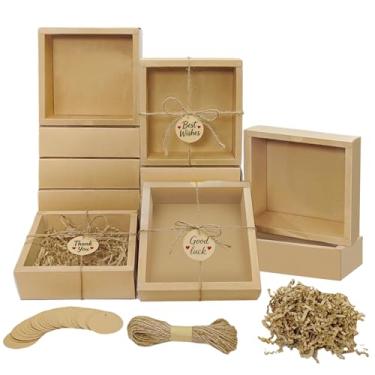 Imagem de Corsiampoo 30 conjuntos de caixas de presente marrom Kraft com tampas transparentes, 16,5 x 16,5 x 5 cm, com etiquetas em branco e caixa de papelão quadrada de cordão de juta para Natal, casamento