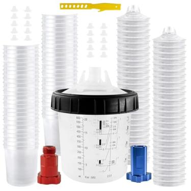 Imagem de RRJ Copo Descartável Para Pistola De Pintura, Sistema De Pintura Para Pistola De Pintura Lvlp E Hvlp, Kit De 600 Ml, Copo De Mistura Com 50 Copos, Revestimentos E Tampas, 1 Copo Rígido Com Anel De