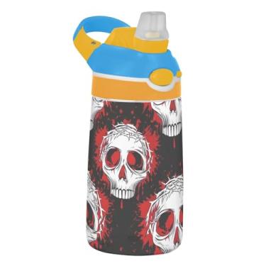 Imagem de Garrafa de água branca vermelha preta brilhante infantil com canudo 473 ml 473 ml Garrafa de água de plástico Tritan à prova de vazamento, copo infantil reutilizável, portátil, alça de transporte