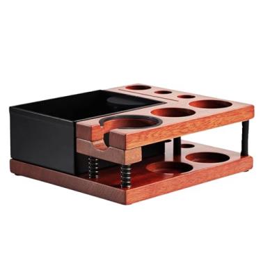 Imagem de Caixa de armazenamento de café expresso 2 em 1, porta-ferramentas de distribuição de 2 camadas, suporte universal de 51 a 58 mm, estação de café de madeira natural com suporte de mola telescópica e