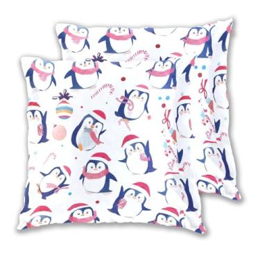 Imagem de Joitme Conjunto de 2 capas de almofadas brancas de Natal pinguins doces para sofá, 45 x 45 cm, 2 peças