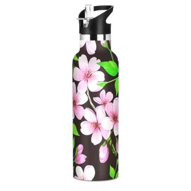 Imagem de Joisal Garrafas de água de flores de cerejeira rosa para meninos pretos com tampa de palha, garrafa de água de aço inoxidável isolada, à prova de vazamento, copos infantis livres de BPA para escola