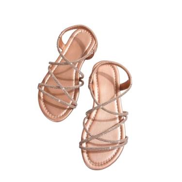 Imagem de GORGLITTER Sandálias femininas com tiras de strass de couro cruzado, bico aberto, tira no tornozelo, sandálias rasteiras casuais, Champanhe, 40