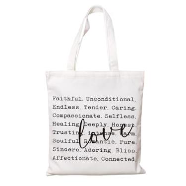 Imagem de Sacola de lona, sacola de dia dos namorados, sacolas de compras reutilizáveis, presente para mulheres, texto de estilo de máquina de escrever com definição de amor, sacolas de praia de pano branco