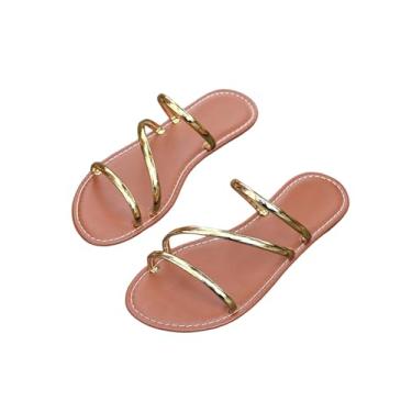 Imagem de SweatyRocks Sandálias rasteiras femininas com tiras metálicas sem cadarço, sandálias de praia de verão, Dourado, 39