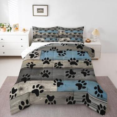 Imagem de Feelyou Conjunto de edredom vintage de madeira com patas de cachorro, tamanho casal, para crianças, adolescentes, adultos, celeiro, decoração de quarto, 3 peças com 2 fronhas