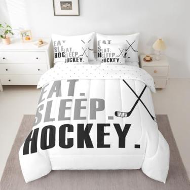 Imagem de Feelyou Jogo de cama king com edredom de hóquei no gelo, branco, jogos esportivos no gelo, 7 peças, para crianças, meninos, meninas, adolescentes, jogo de cama de hóquei em uma bolsa