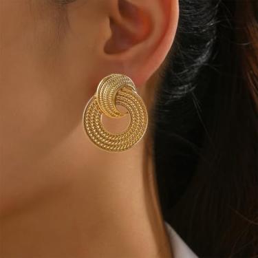 Imagem de Brincos geométricos para mulheres modernos, brincos redondos dourados requintados, acessórios de moda joias, Medium, Liga de aço, Sem pedra preciosa