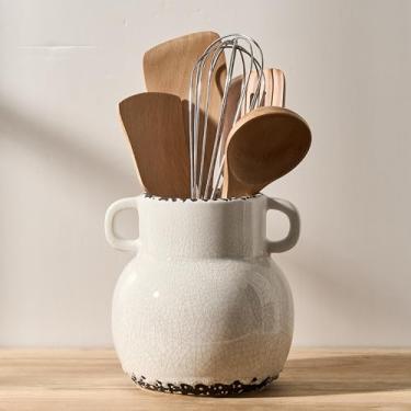 Imagem de JIEMEI HOME Suporte de utensílios de cozinha com alça, pote de cerâmica para utensílios de fazenda de 17,4 cm para bancada, organizador de utensílios com fundo de cortiça, suporte de espátula para