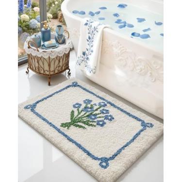 Imagem de DEXI Tapetes de banheiro antiderrapantes laváveis, tapete de banho floral absorvente 61 x 91 cm, secagem rápida, tapete de chuveiro fofo de pelúcia extra macio, tapete de microfibra com folha para