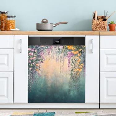Imagem de SEHANY Capa magnética colorida com flores de jardim Monet para máquina de lavar louça, adesivos magnéticos decorativos antiarranhões para painel de geladeira e lava-louças, decoração de flores de
