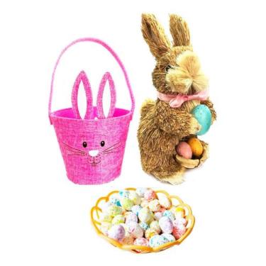 Imagem de Kit Decoração Páscoa Com Coelho Palha Caça Aos Ovinhos Cesta - Wincy, 